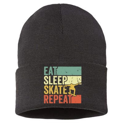 Eat Sleep Skate Repeat Retro Skateboarding Skater Sustainable Knit Beanie