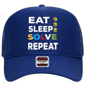 Eat Sleep Solve Repeat Rubik Game Funny Birthday Party Cute Gift High Crown Mesh Back Trucker Hat