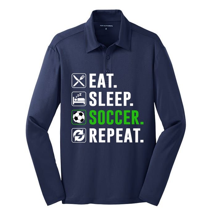 Eat Sleep Soccer Repeat Funny Soccer Player Silk Touch Performance Long Sleeve Polo