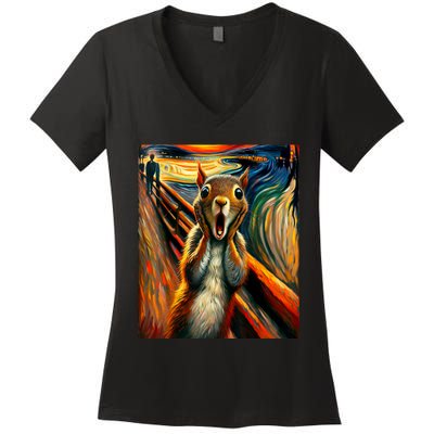 Expressionist Scream Squirrel Lovers Artistic Squirrel Women's V-Neck T-Shirt