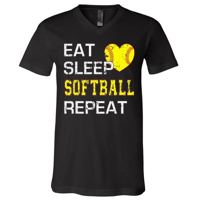 Eat Sleep Softball Repeat Funny Softbal V-Neck T-Shirt