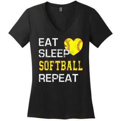 Eat Sleep Softball Repeat Funny Softbal Women's V-Neck T-Shirt