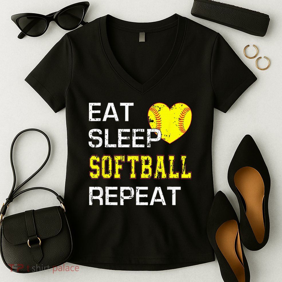 Eat Sleep Softball Repeat Funny Softbal Women's V-Neck T-Shirt