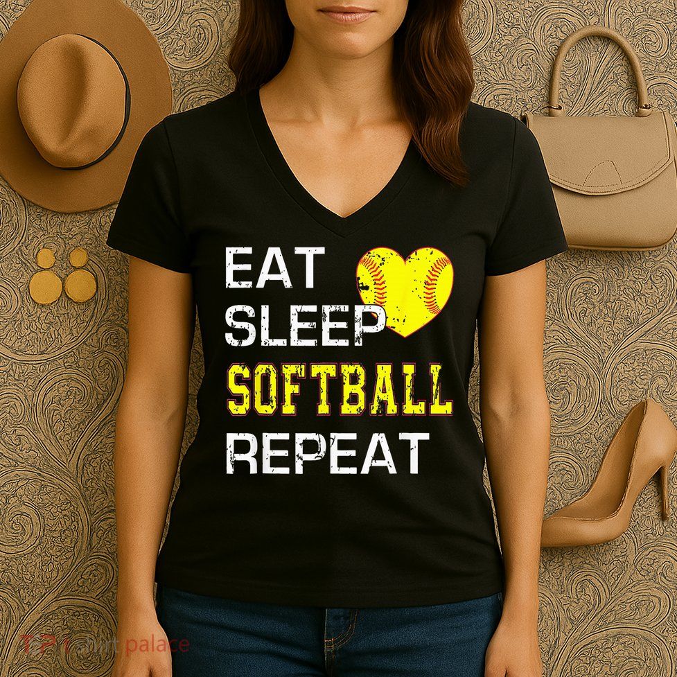 Eat Sleep Softball Repeat Funny Softbal Women's V-Neck T-Shirt