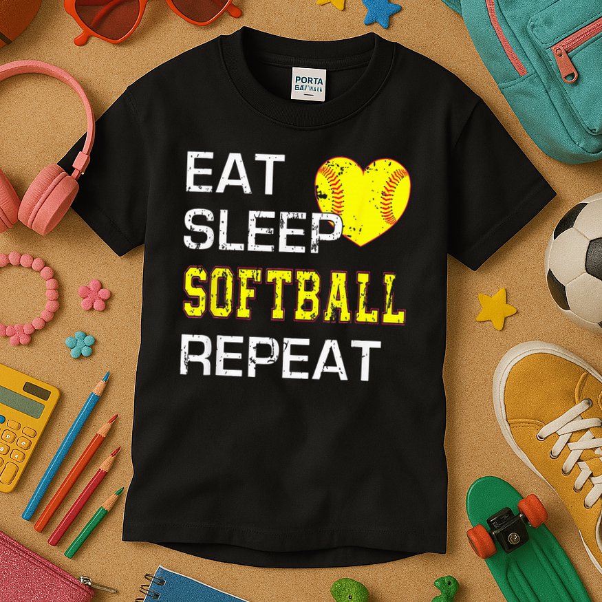 Eat Sleep Softball Repeat Funny Softbal Kids T-Shirt