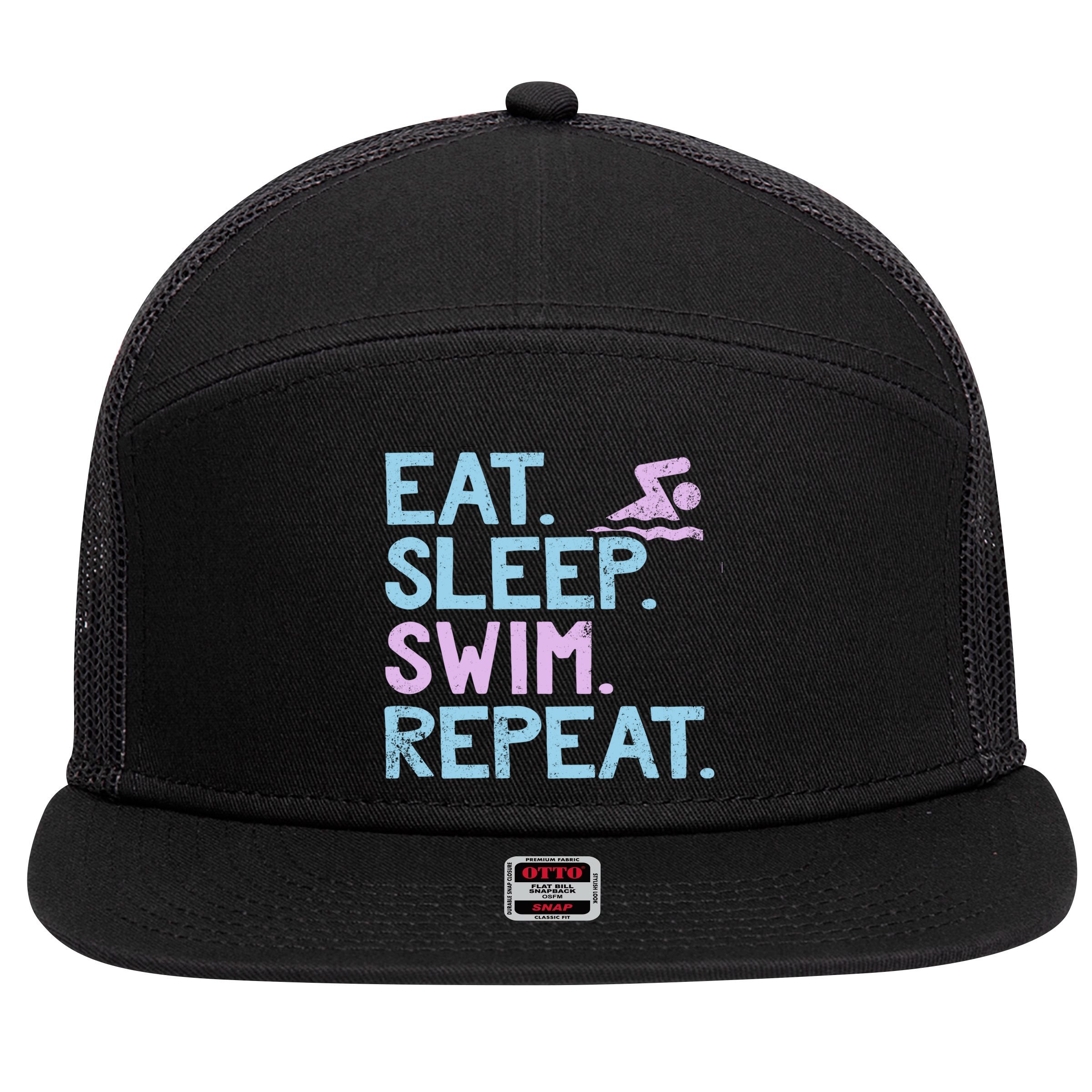 Eat Sleep Swim Repeat Swimmer Gift 7 Panel Mesh Trucker Snapback Hat