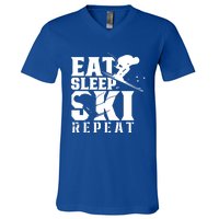 Eat Sleep Ski Repeat Skier Sayings Skiing Slopes Gift V-Neck T-Shirt