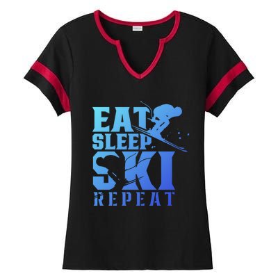 Eat Sleep Ski Repeat Skier Sayings Skiing Slopes Gift Ladies Halftime Notch Neck Tee