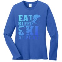 Eat Sleep Ski Repeat Skier Sayings Skiing Slopes Gift Ladies Long Sleeve Shirt