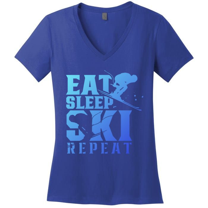 Eat Sleep Ski Repeat Skier Sayings Skiing Slopes Gift Women's V-Neck T-Shirt