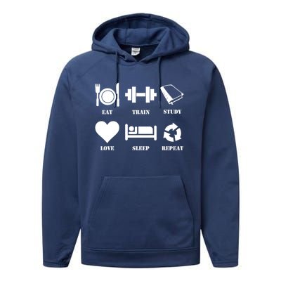 Eat Sleep Study Love Sleep Repeat Great Gift Motivational Gym Meaningful Gift Performance Fleece Hoodie