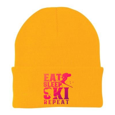 Eat Sleep Ski Repeat Skier Sayings Skiing Slopes Gift Knit Cap Winter Beanie