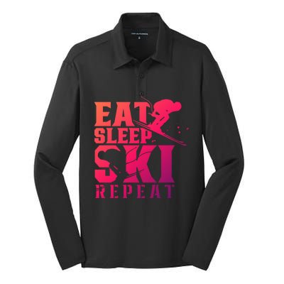 Eat Sleep Ski Repeat Skier Sayings Skiing Slopes Gift Silk Touch Performance Long Sleeve Polo