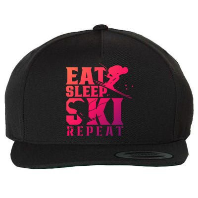 Eat Sleep Ski Repeat Skier Sayings Skiing Slopes Gift Wool Snapback Cap