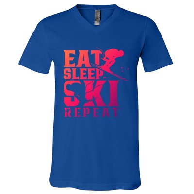 Eat Sleep Ski Repeat Skier Sayings Skiing Slopes Gift V-Neck T-Shirt