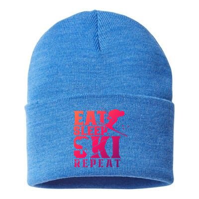 Eat Sleep Ski Repeat Skier Sayings Skiing Slopes Gift Sustainable Knit Beanie