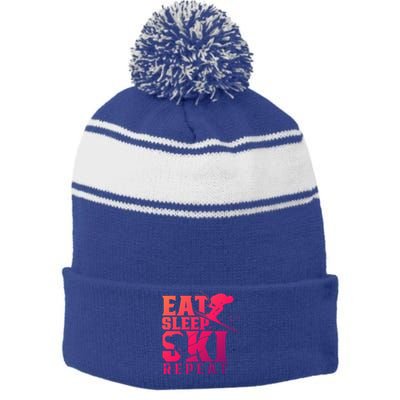 Eat Sleep Ski Repeat Skier Sayings Skiing Slopes Gift Stripe Pom Pom Beanie