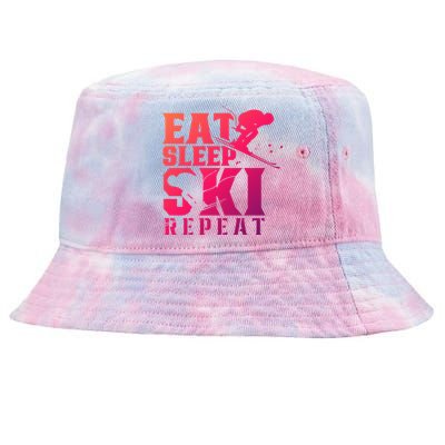 Eat Sleep Ski Repeat Skier Sayings Skiing Slopes Gift Tie-Dyed Bucket Hat