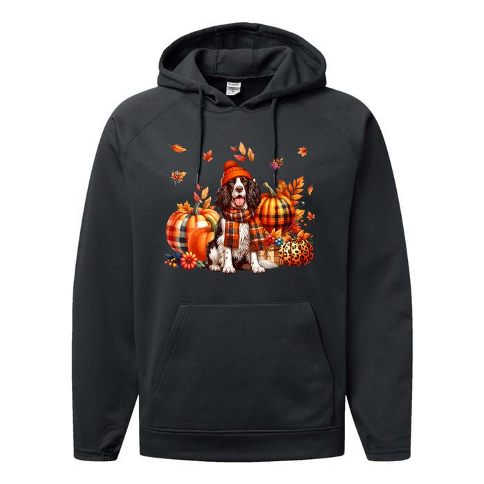 English Springer Spaniel Thanksgiving Leopard Pumpkins Fall Performance Fleece Hoodie