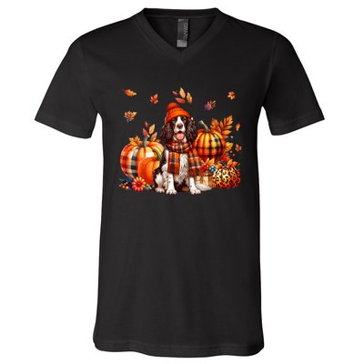 English Springer Spaniel Thanksgiving Leopard Pumpkins Fall V-Neck T-Shirt