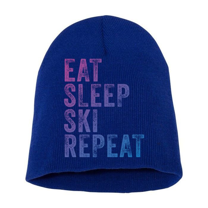 Eat Sleep Ski Repeat Skiing Skier Funny Vintage Distressed Gift Short Acrylic Beanie