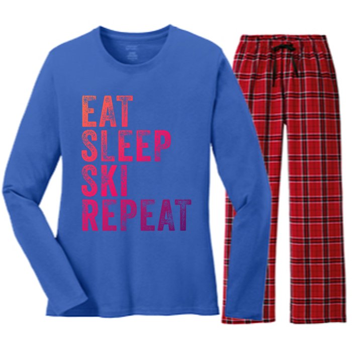 Eat Sleep Ski Repeat Skiing Skier Funny Vintage Distressed Gift Women's Long Sleeve Flannel Pajama Set 