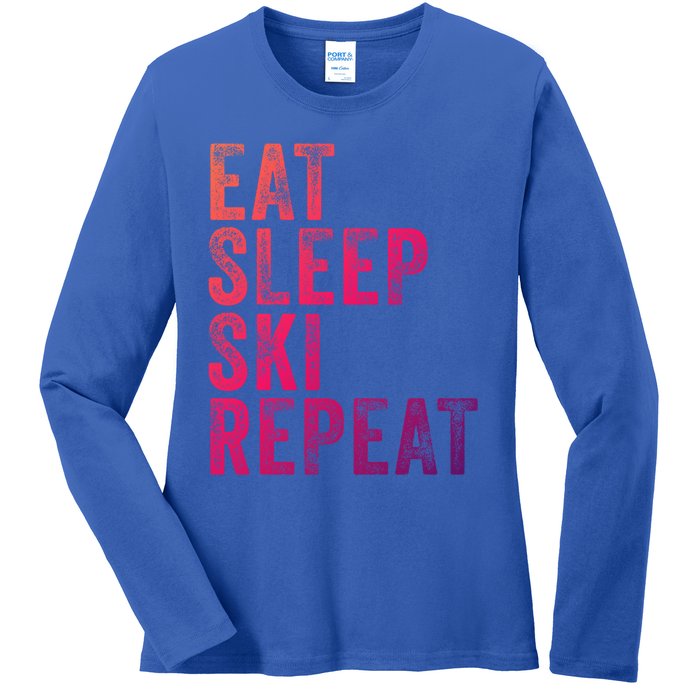 Eat Sleep Ski Repeat Skiing Skier Funny Vintage Distressed Gift Ladies Long Sleeve Shirt