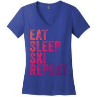 Eat Sleep Ski Repeat Skiing Skier Funny Vintage Distressed Gift Women's V-Neck T-Shirt