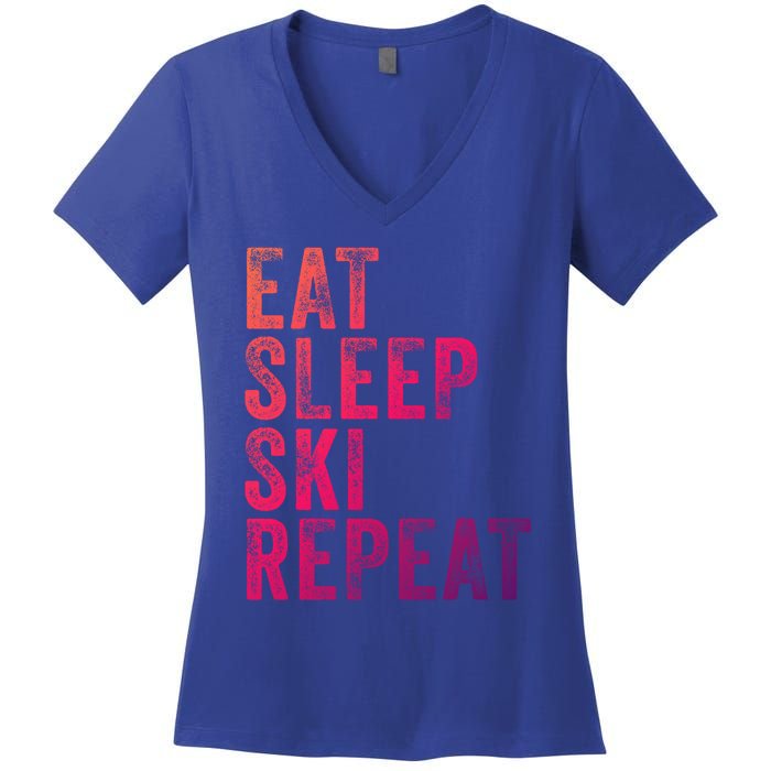 Eat Sleep Ski Repeat Skiing Skier Funny Vintage Distressed Gift Women's V-Neck T-Shirt