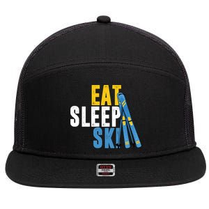 Eat Sleep Ski Skiing Winter Sports Mountain Skier Gift 7 Panel Mesh Trucker Snapback Hat