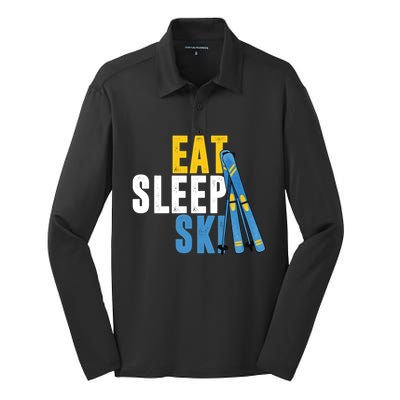 Eat Sleep Ski Skiing Winter Sports Mountain Skier Gift Silk Touch Performance Long Sleeve Polo