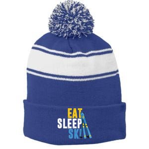 Eat Sleep Ski Skiing Winter Sports Mountain Skier Gift Stripe Pom Pom Beanie