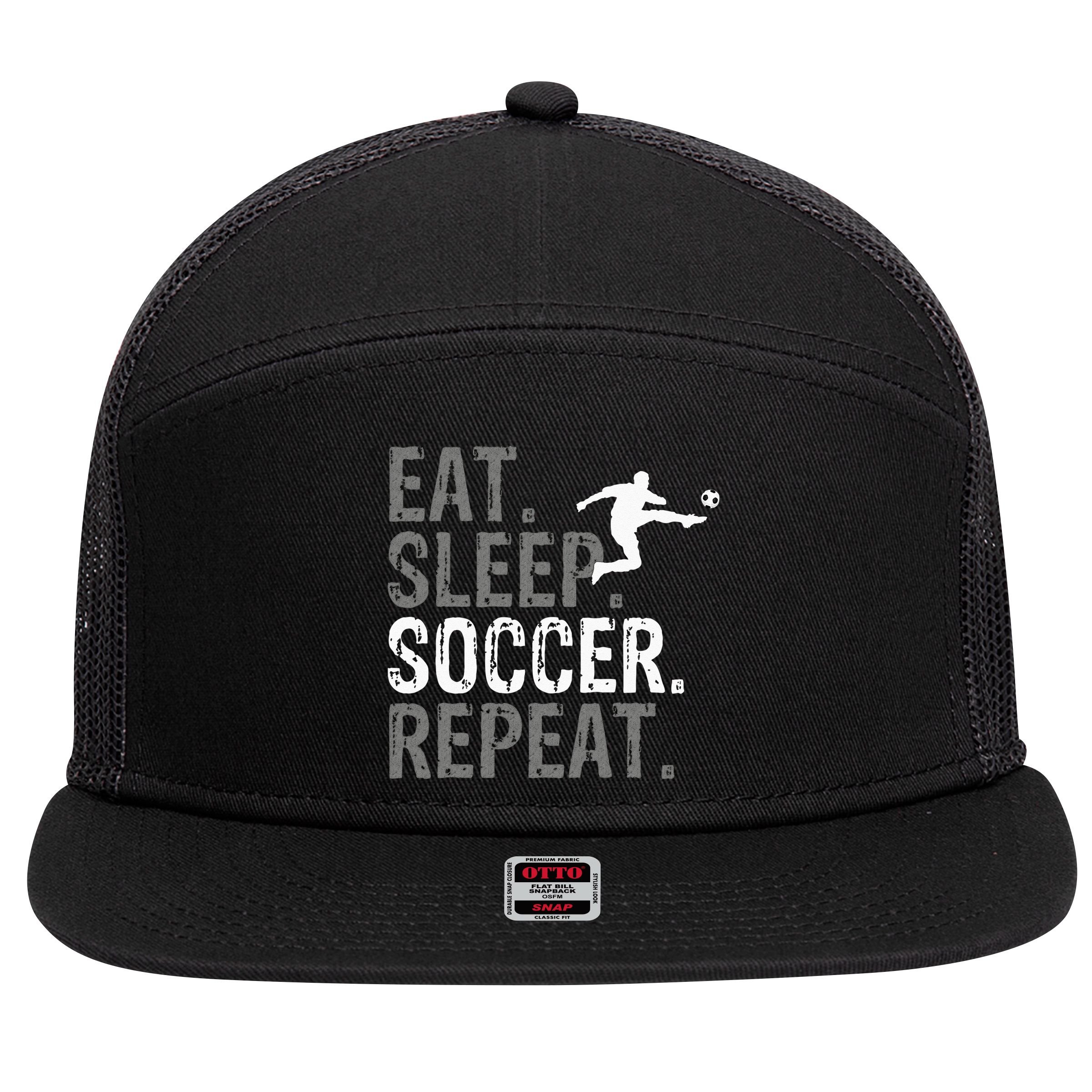 Eat Sleep Soccer Repeat Soccer Graphic 7 Panel Mesh Trucker Snapback Hat