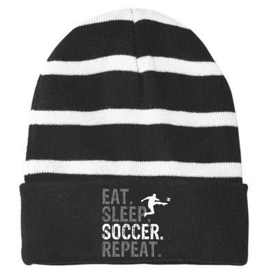 Eat Sleep Soccer Repeat Soccer Graphic Striped Beanie with Solid Band