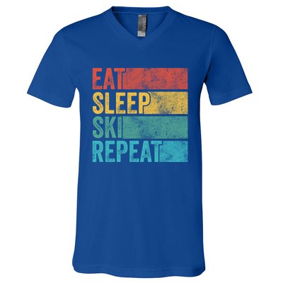 Eat Sleep Ski Repeat Skiing Skier Vintage Distressed Funny Funny Gift V-Neck T-Shirt