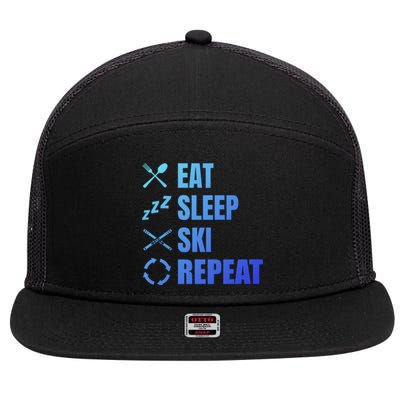 Eat Sleep Ski Repeat Skiing Teacher Extreme Sports Gift 7 Panel Mesh Trucker Snapback Hat