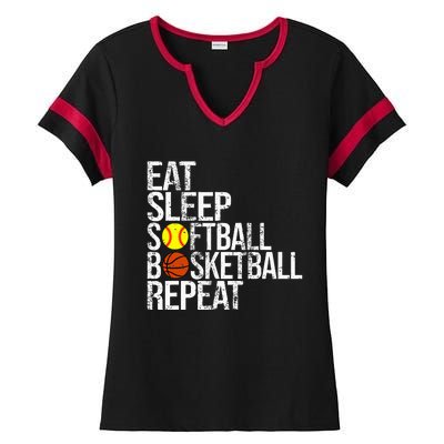 Eat Sleep Softball Basketball Repeat Funny Ball Ladies Halftime Notch Neck Tee