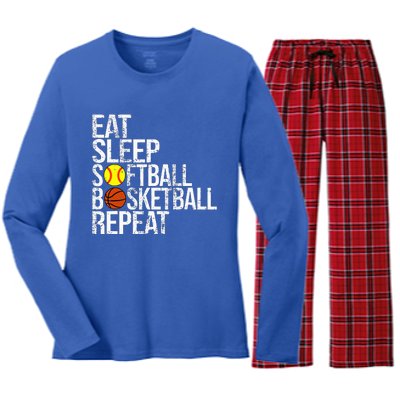 Eat Sleep Softball Basketball Repeat Funny Ball Women's Long Sleeve Flannel Pajama Set 