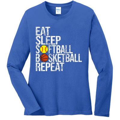 Eat Sleep Softball Basketball Repeat Funny Ball Ladies Long Sleeve Shirt