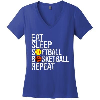 Eat Sleep Softball Basketball Repeat Funny Ball Women's V-Neck T-Shirt