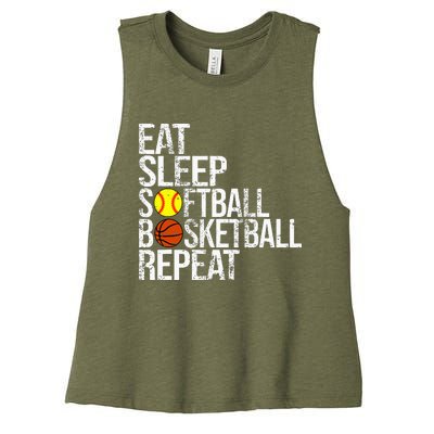 Eat Sleep Softball Basketball Repeat Funny Ball Women's Racerback Cropped Tank