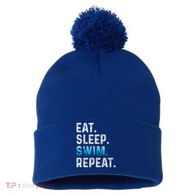 Eat Sleep Swim Repeat Funny Swimmer Swimming Player Graphic Gift Pom Pom 12in Knit Beanie