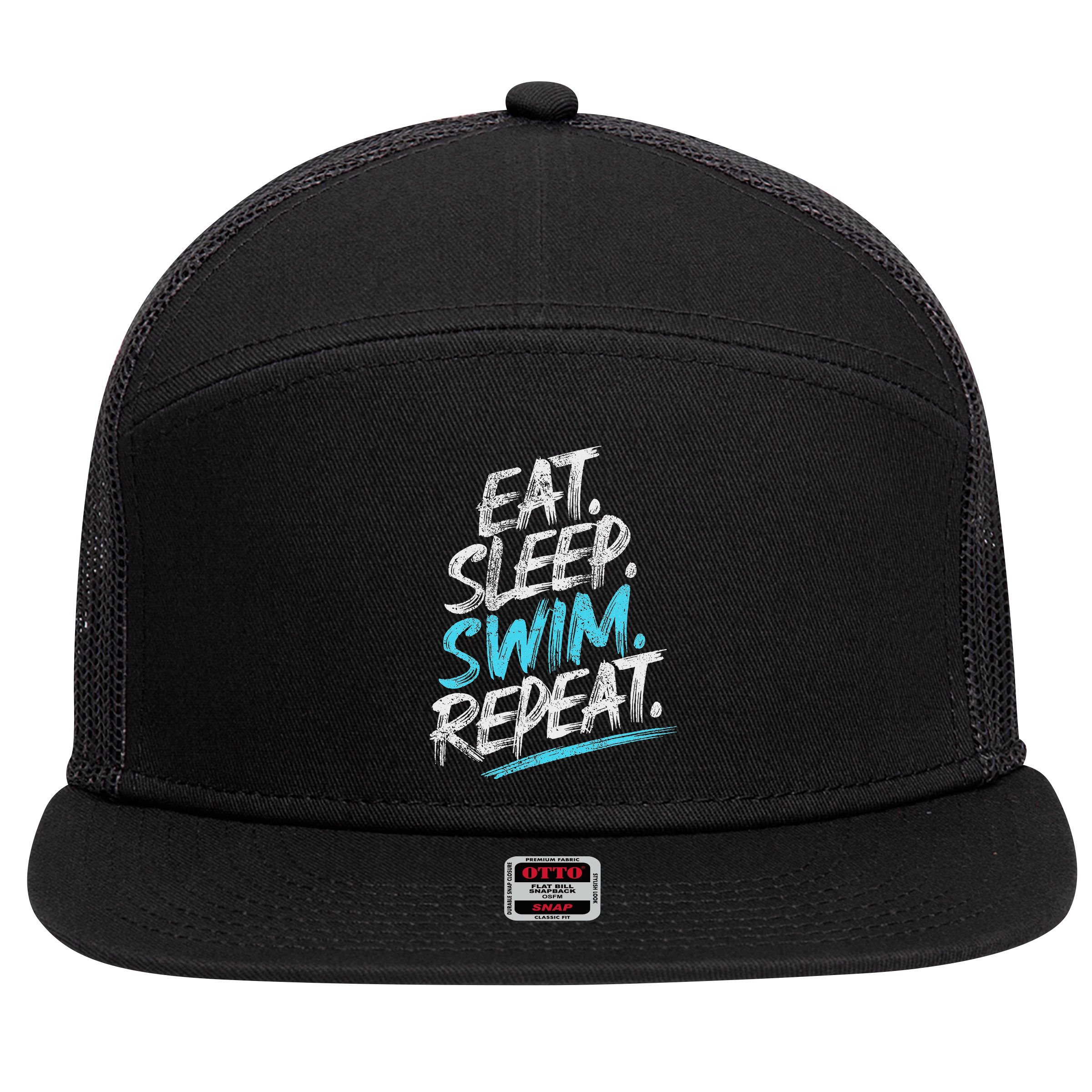 Eat Sleep Swim Repeat Swimming 7 Panel Mesh Trucker Snapback Hat