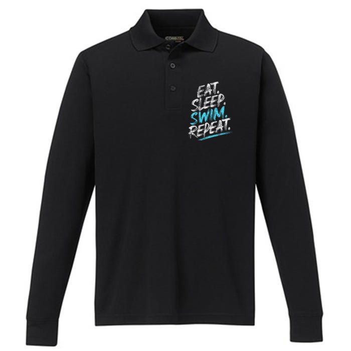 Eat Sleep Swim Repeat Swimming Performance Long Sleeve Polo