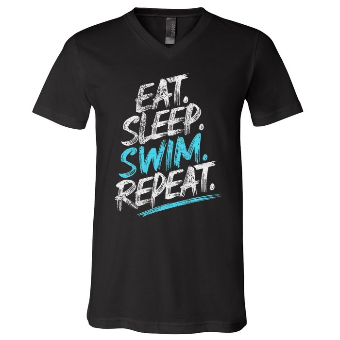 Eat Sleep Swim Repeat Swimming V-Neck T-Shirt