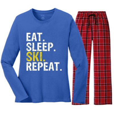 Eat Sleep Ski Repeat Gift Skiing Funny Gift Women's Long Sleeve Flannel Pajama Set 