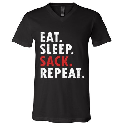 Eat Sleep Sack Repeat Football Player Defense V-Neck T-Shirt