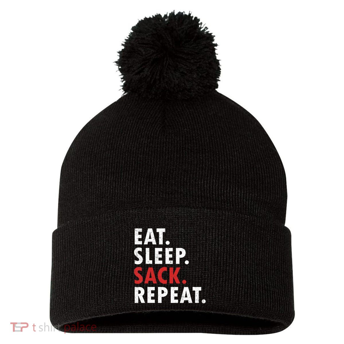 Eat Sleep Sack Repeat Football Player Defense Pom Pom 12in Knit Beanie