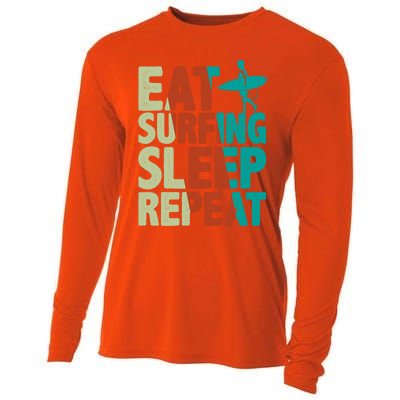 Eat Surfing Sleep Repeat Summer Beach Retro Sunset Gift Cooling Performance Long Sleeve Crew