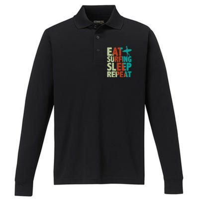 Eat Surfing Sleep Repeat Summer Beach Retro Sunset Gift Performance Long Sleeve Polo